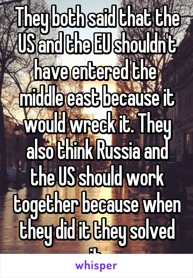 They both said that the US and the EU shouldn't have entered the  middle east because it would wreck it. They also think Russia and the US should work together because when they did it they solved it 