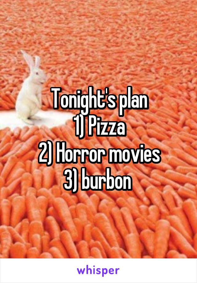 Tonight's plan
1) Pizza
2) Horror movies
3) burbon 