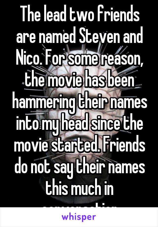 The lead two friends are named Steven and Nico. For some reason, the movie has been hammering their names into my head since the movie started. Friends do not say their names this much in conversation