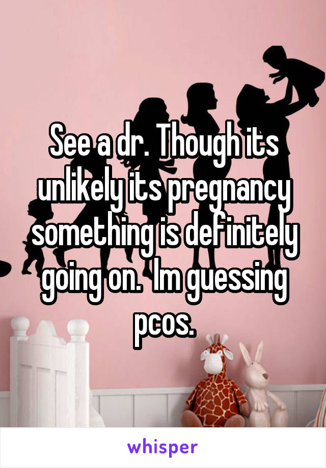 See a dr. Though its unlikely its pregnancy something is definitely going on.  Im guessing pcos.