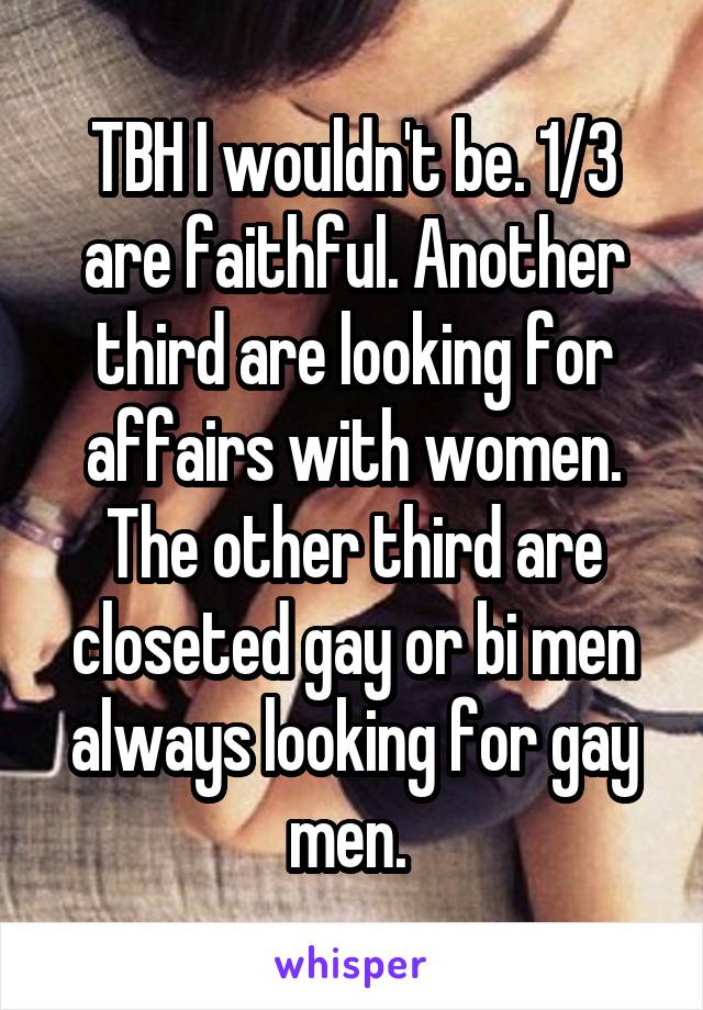 TBH I wouldn't be. 1/3 are faithful. Another third are looking for affairs with women. The other third are closeted gay or bi men always looking for gay men. 