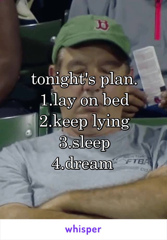 tonight's plan.
1.lay on bed
2.keep lying
3.sleep
4.dream 