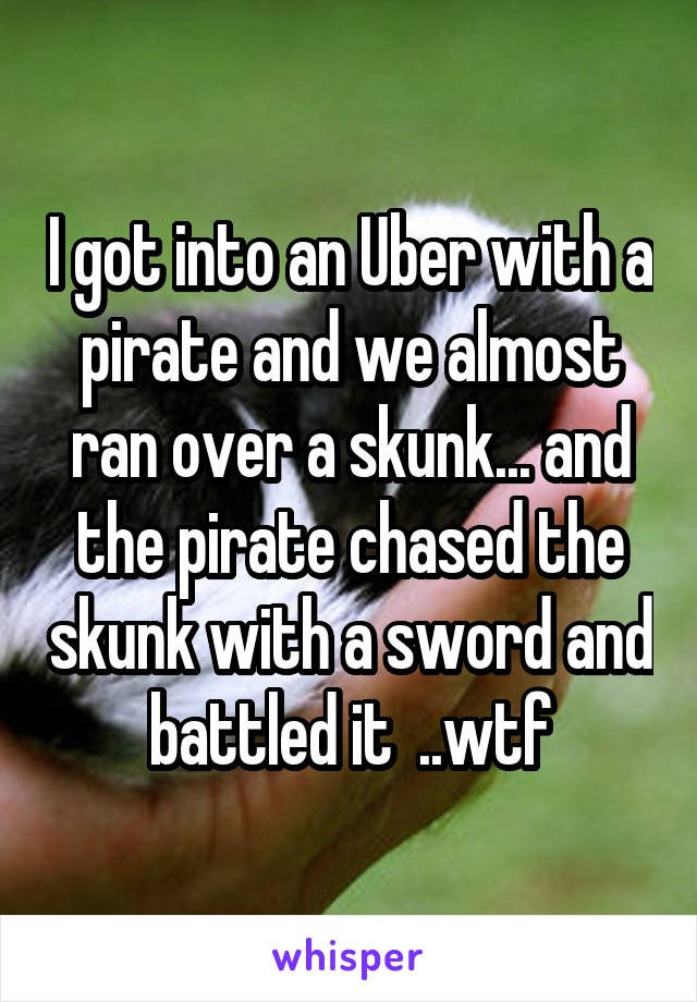 I got into an Uber with a pirate and we almost ran over a skunk... and the pirate chased the skunk with a sword and battled it  ..wtf