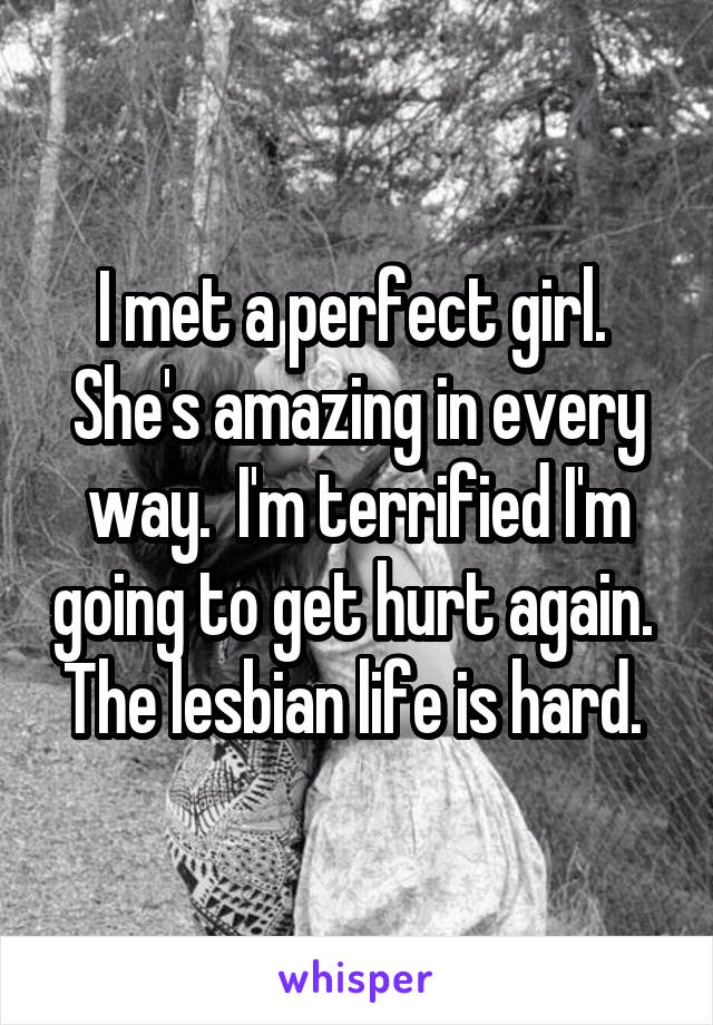 I met a perfect girl.  She's amazing in every way.  I'm terrified I'm going to get hurt again. 
The lesbian life is hard. 