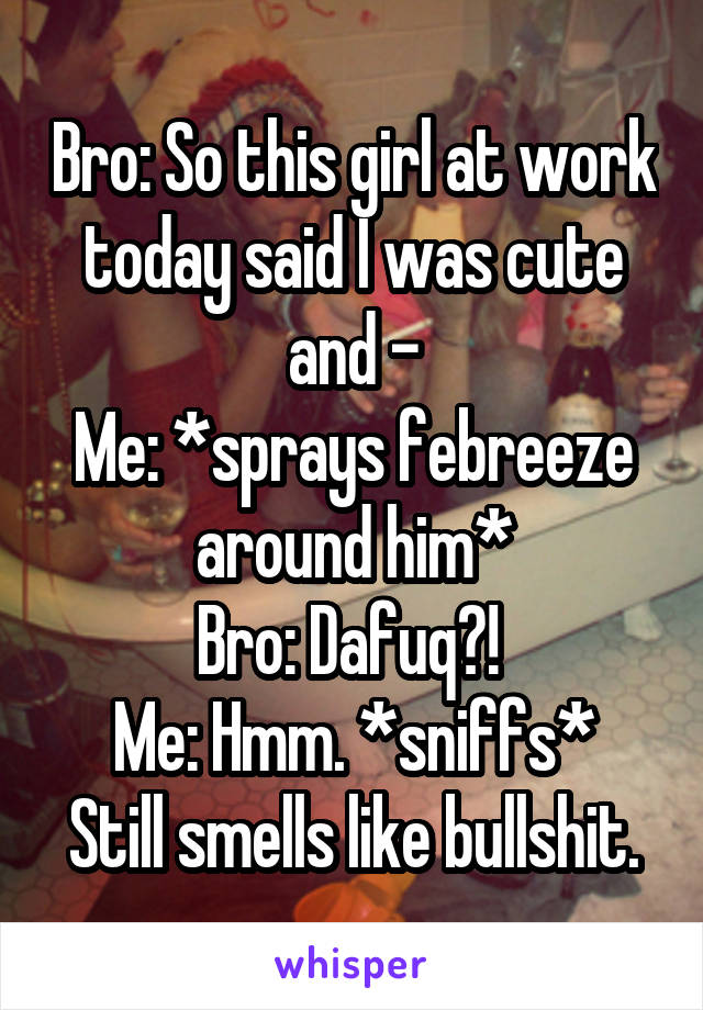 Bro: So this girl at work today said I was cute and -
Me: *sprays febreeze around him*
Bro: Dafuq?! 
Me: Hmm. *sniffs* Still smells like bullshit.