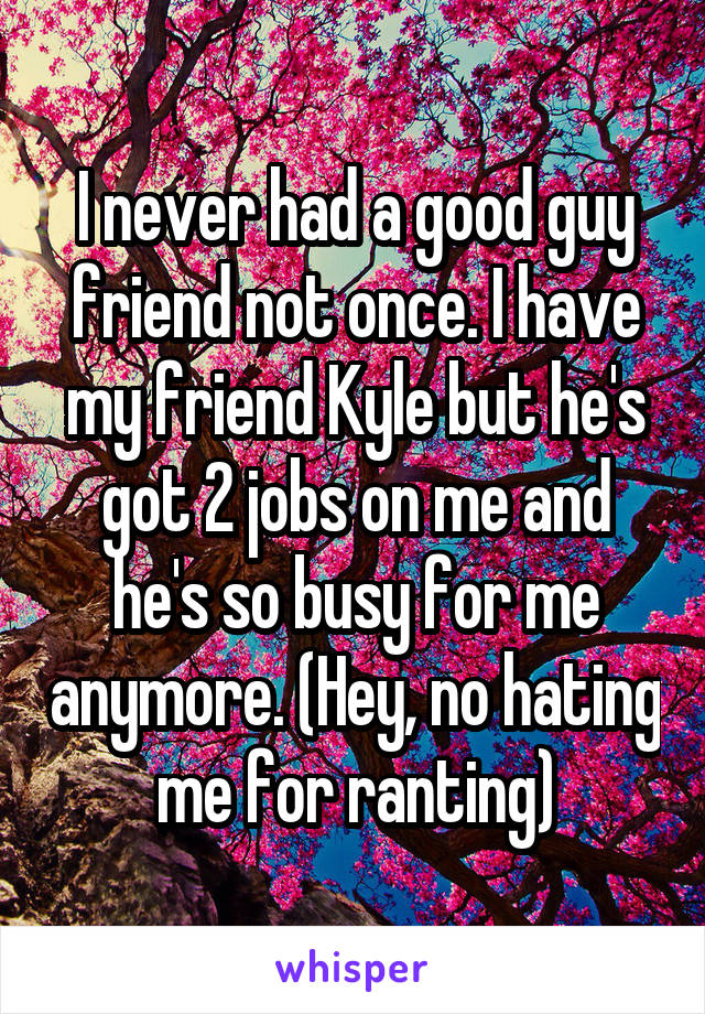 I never had a good guy friend not once. I have my friend Kyle but he's got 2 jobs on me and he's so busy for me anymore. (Hey, no hating me for ranting)