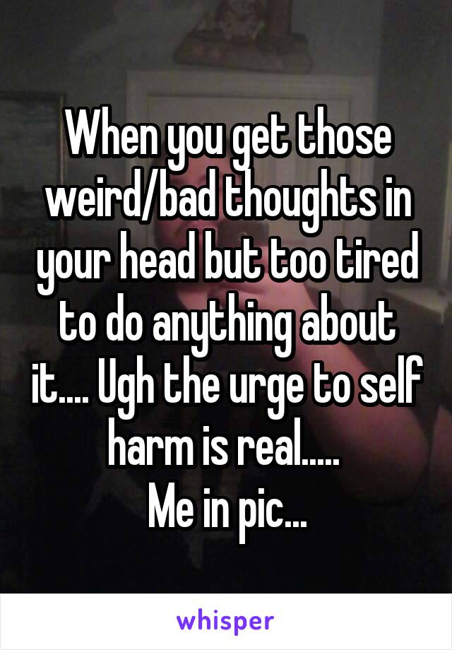 When you get those weird/bad thoughts in your head but too tired to do anything about it.... Ugh the urge to self harm is real..... 
Me in pic...