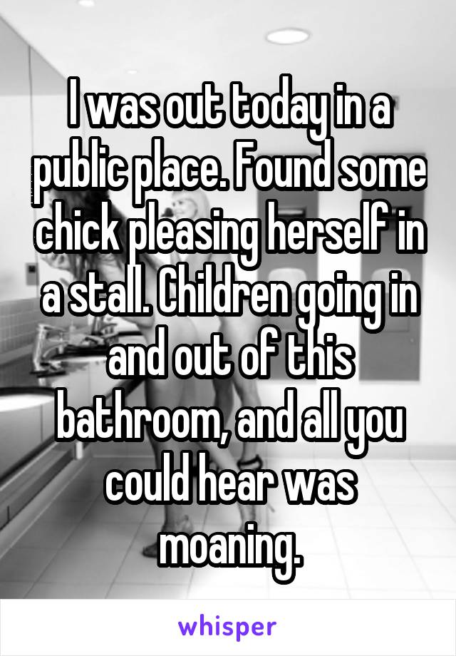 I was out today in a public place. Found some chick pleasing herself in a stall. Children going in and out of this bathroom, and all you could hear was moaning.