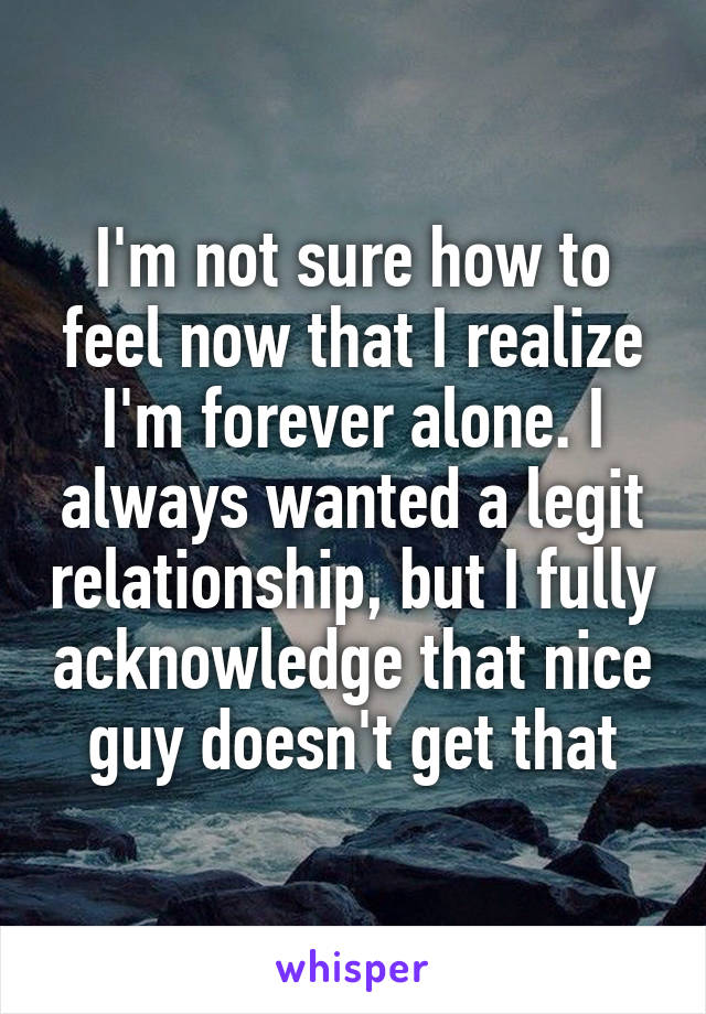 I'm not sure how to feel now that I realize I'm forever alone. I always wanted a legit relationship, but I fully acknowledge that nice guy doesn't get that