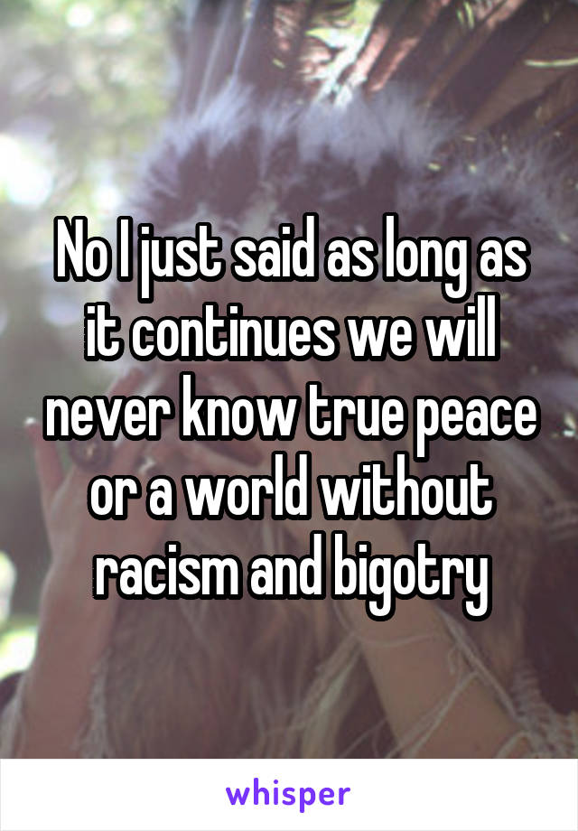 No I just said as long as it continues we will never know true peace or a world without racism and bigotry