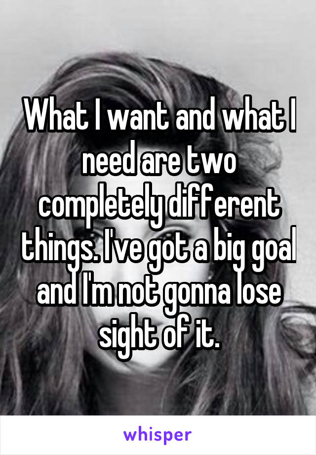 What I want and what I need are two completely different things. I've got a big goal and I'm not gonna lose sight of it.