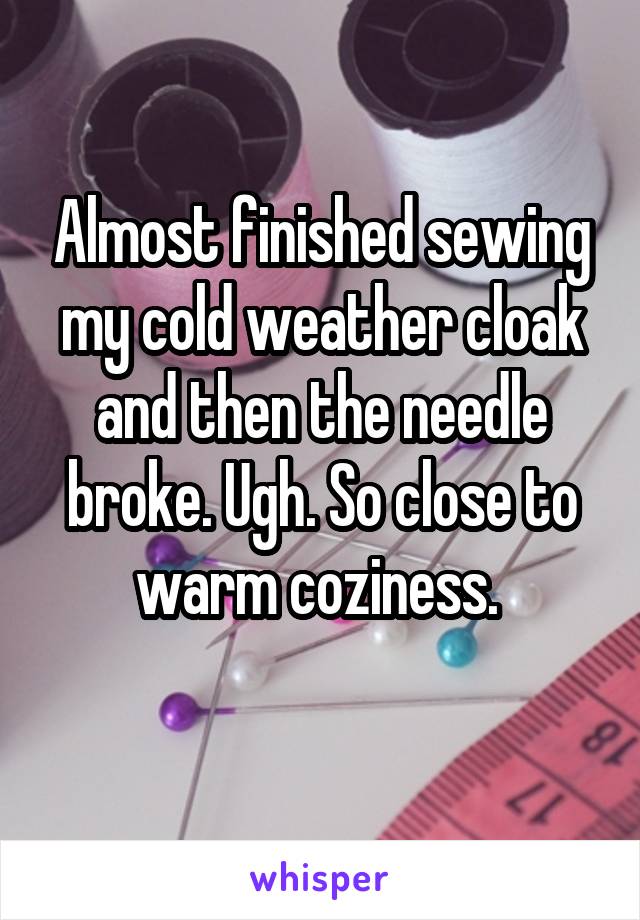 Almost finished sewing my cold weather cloak and then the needle broke. Ugh. So close to warm coziness. 
