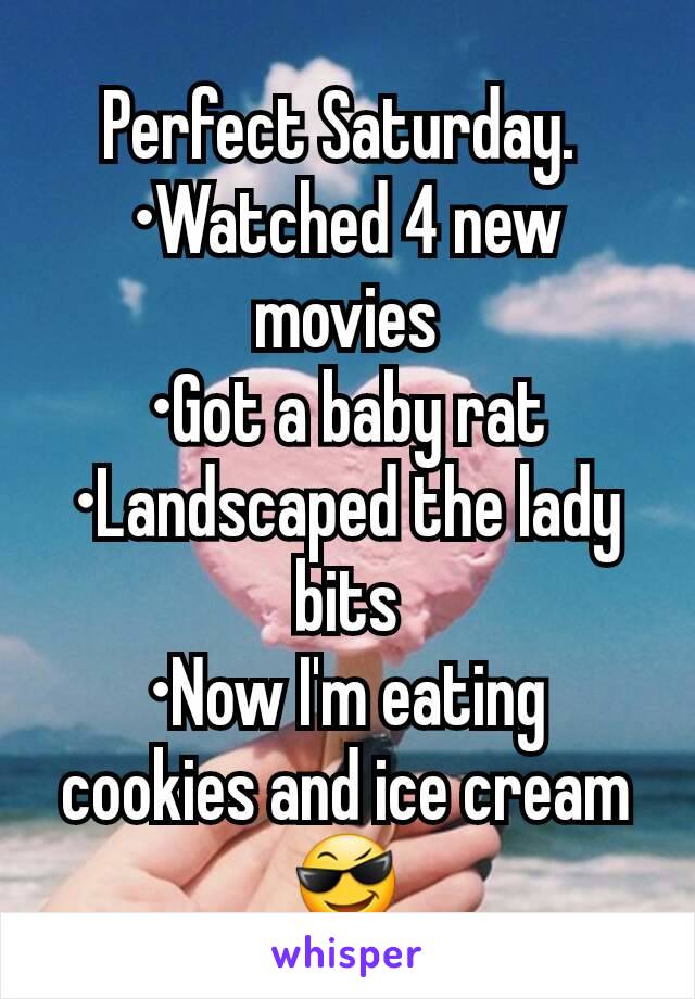 Perfect Saturday. 
•Watched 4 new movies
•Got a baby rat
•Landscaped the lady bits
•Now I'm eating cookies and ice cream
😎