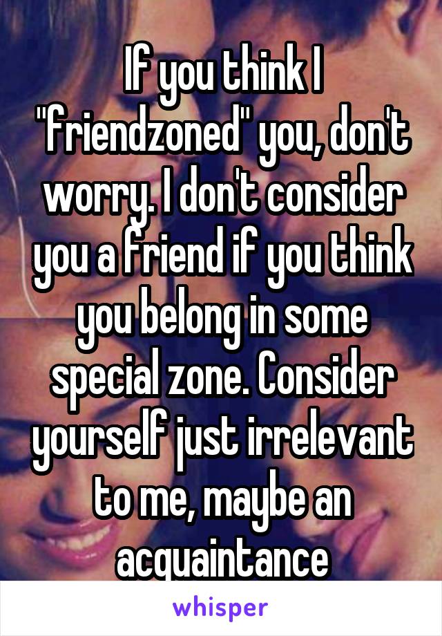 If you think I "friendzoned" you, don't worry. I don't consider you a friend if you think you belong in some special zone. Consider yourself just irrelevant to me, maybe an acquaintance