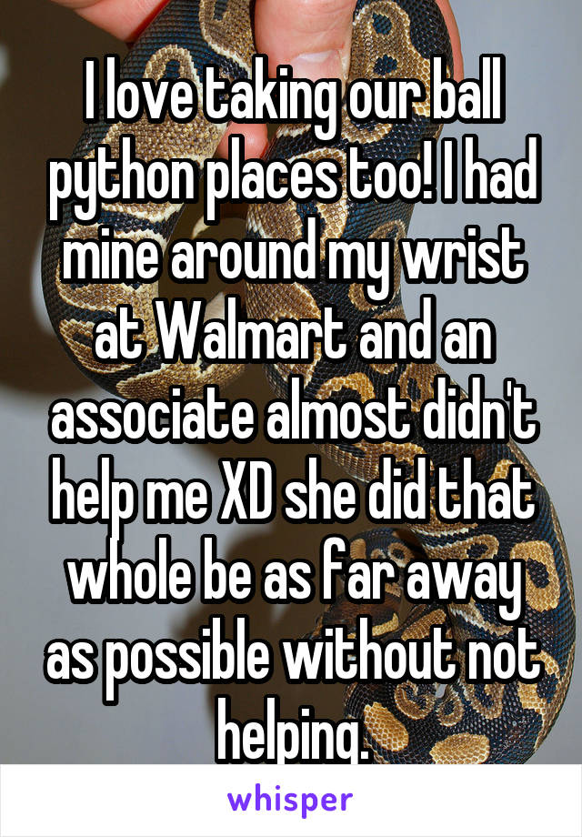I love taking our ball python places too! I had mine around my wrist at Walmart and an associate almost didn't help me XD she did that whole be as far away as possible without not helping.