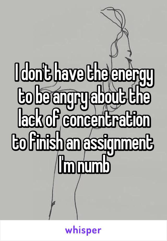 I don't have the energy to be angry about the lack of concentration to finish an assignment 
I'm numb