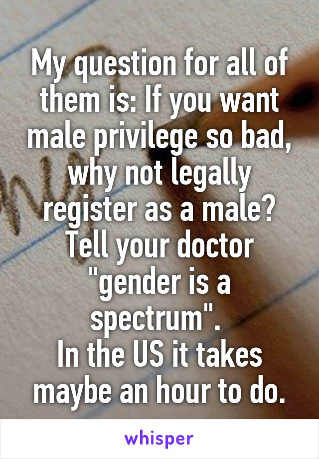 My question for all of them is: If you want male privilege so bad, why not legally register as a male?
Tell your doctor "gender is a spectrum". 
In the US it takes maybe an hour to do.