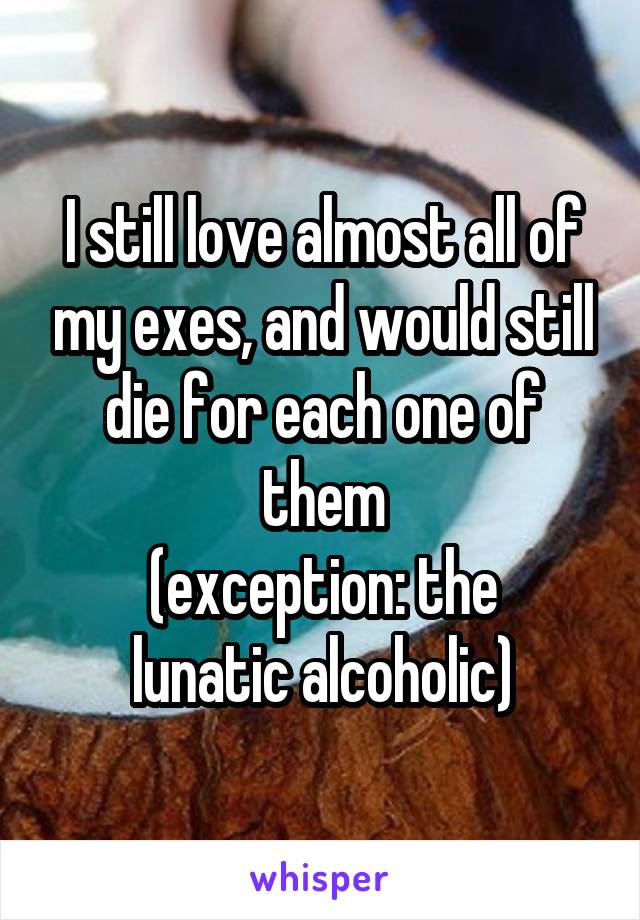 I still love almost all of my exes, and would still die for each one of them
(exception: the
lunatic alcoholic)