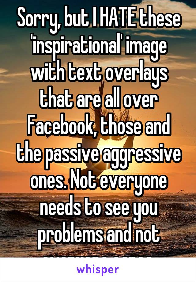 Sorry, but I HATE these 'inspirational' image with text overlays that are all over Facebook, those and the passive aggressive ones. Not everyone needs to see you problems and not everyone cares.