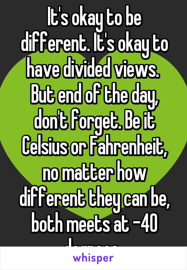 It's okay to be different. It's okay to have divided views. 
But end of the day, don't forget. Be it Celsius or Fahrenheit, no matter how different they can be, both meets at -40 degrees. 