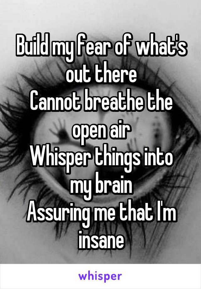 Build my fear of what's out there
Cannot breathe the open air
Whisper things into my brain
Assuring me that I'm insane