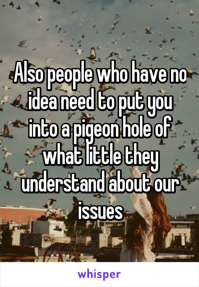Also people who have no idea need to put you into a pigeon hole of what little they understand about our issues