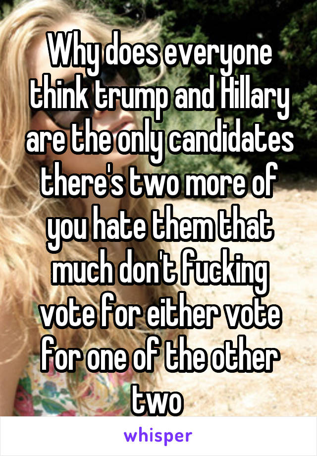 Why does everyone think trump and Hillary are the only candidates there's two more of you hate them that much don't fucking vote for either vote for one of the other two 