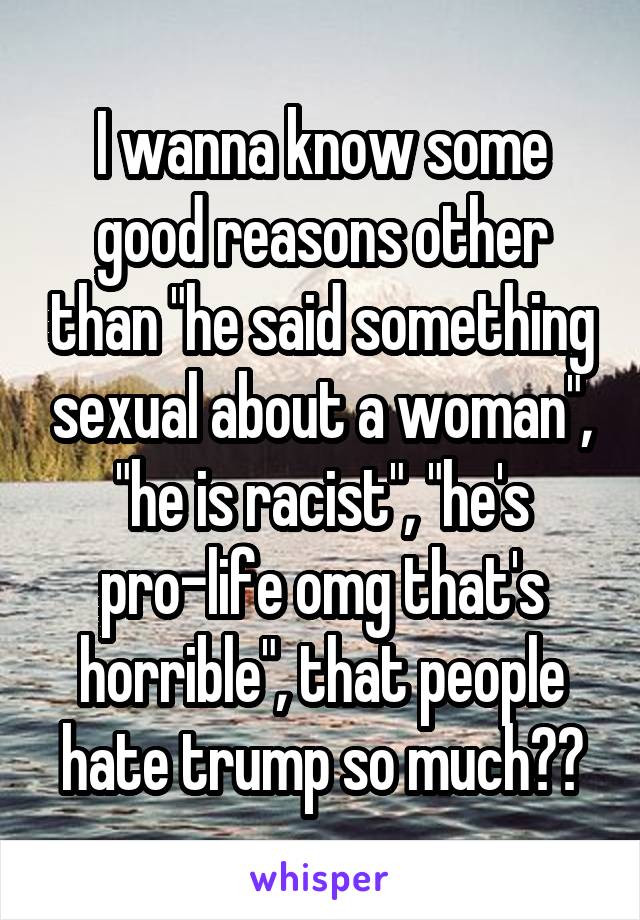 I wanna know some good reasons other than "he said something sexual about a woman", "he is racist", "he's pro-life omg that's horrible", that people hate trump so much??