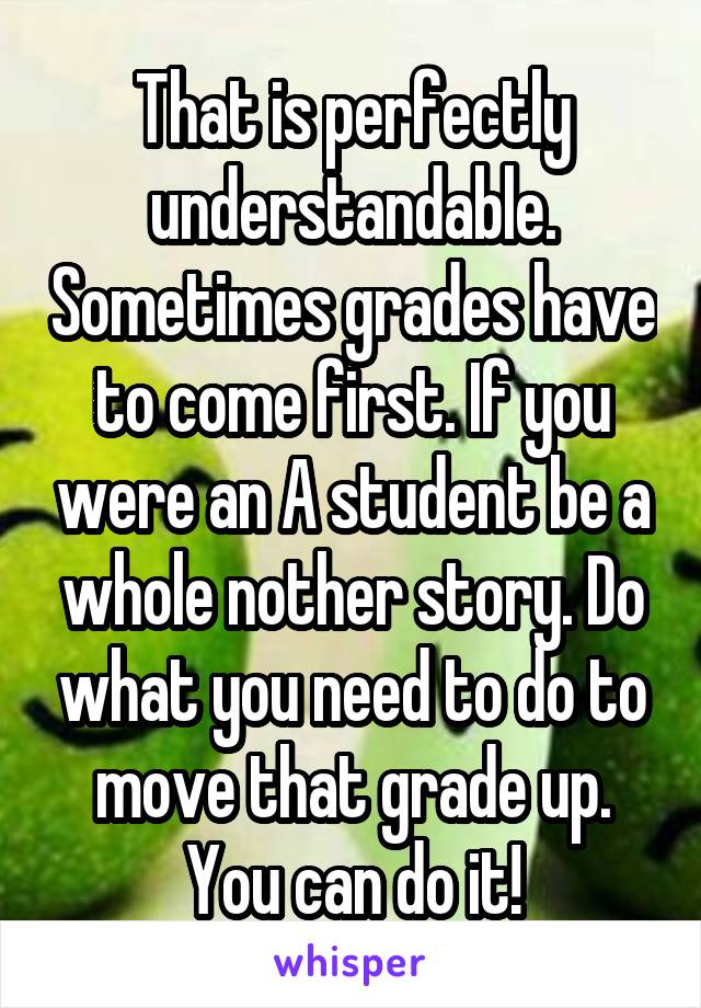 That is perfectly understandable. Sometimes grades have to come first. If you were an A student be a whole nother story. Do what you need to do to move that grade up. You can do it!