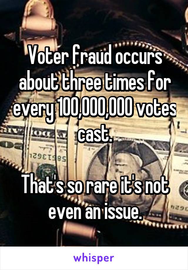 Voter fraud occurs about three times for every 100,000,000 votes cast.

That's so rare it's not even an issue.
