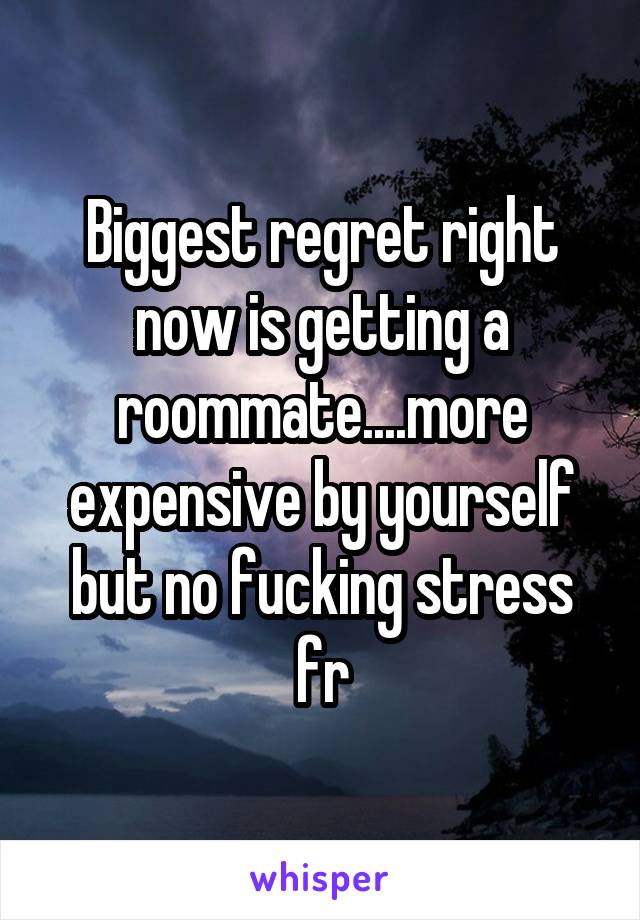 Biggest regret right now is getting a roommate....more expensive by yourself but no fucking stress fr