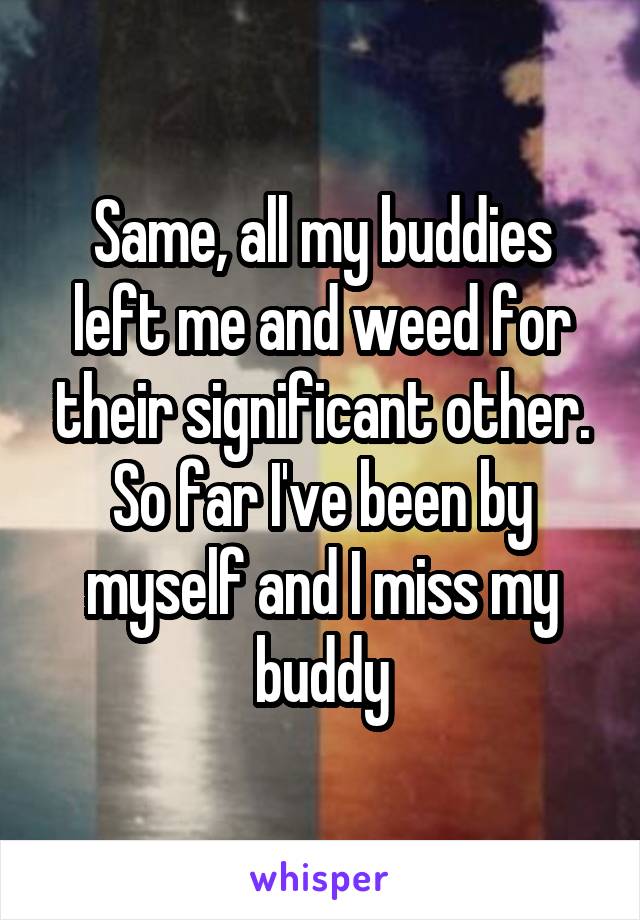 Same, all my buddies left me and weed for their significant other. So far I've been by myself and I miss my buddy