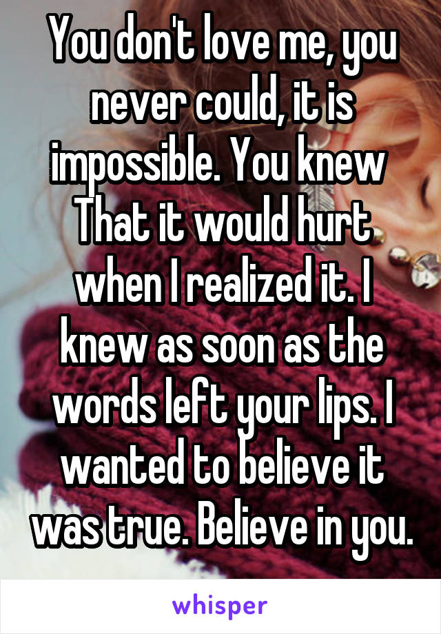 You don't love me, you never could, it is impossible. You knew  That it would hurt when I realized it. I knew as soon as the words left your lips. I wanted to believe it was true. Believe in you.  