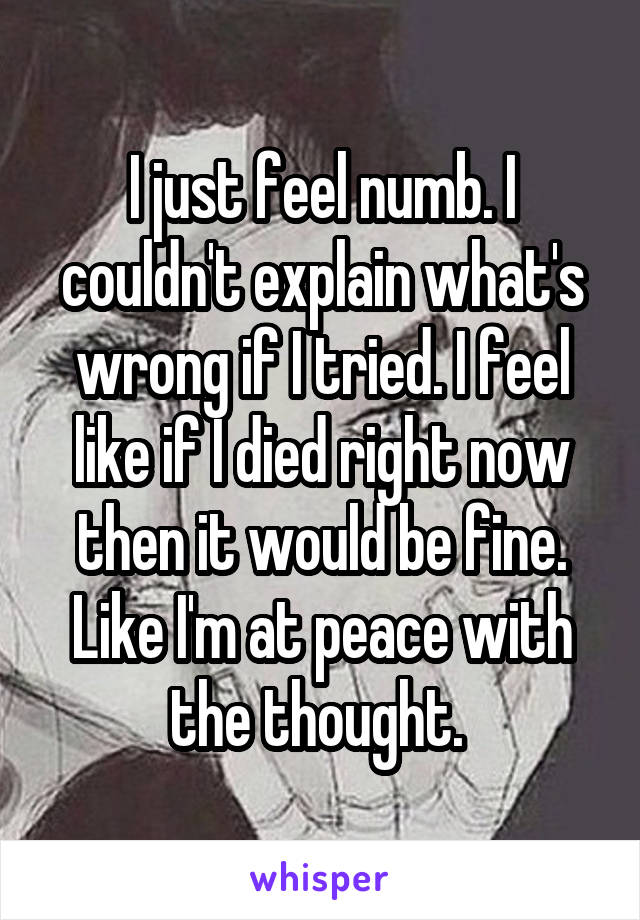 I just feel numb. I couldn't explain what's wrong if I tried. I feel like if I died right now then it would be fine. Like I'm at peace with the thought. 