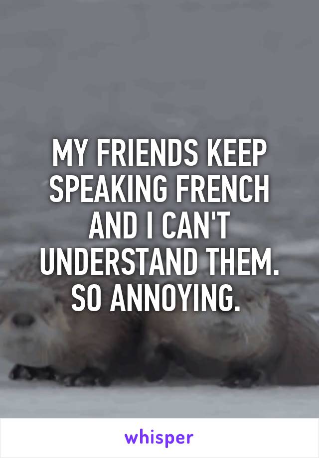 MY FRIENDS KEEP SPEAKING FRENCH AND I CAN'T UNDERSTAND THEM. SO ANNOYING. 