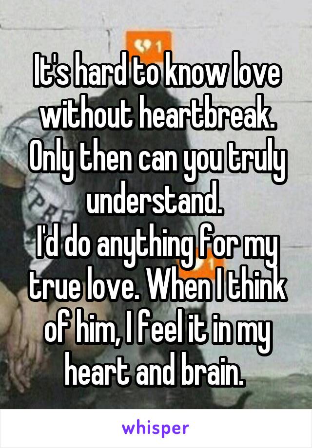 It's hard to know love without heartbreak. Only then can you truly understand. 
I'd do anything for my true love. When I think of him, I feel it in my heart and brain. 