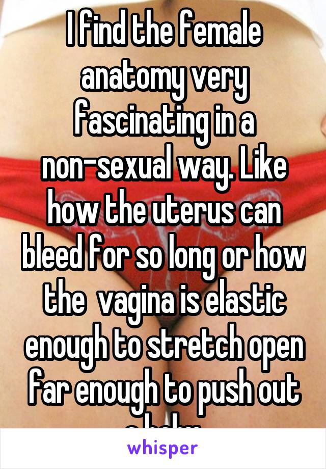I find the female anatomy very fascinating in a non-sexual way. Like how the uterus can bleed for so long or how the  vagina is elastic enough to stretch open far enough to push out a baby.