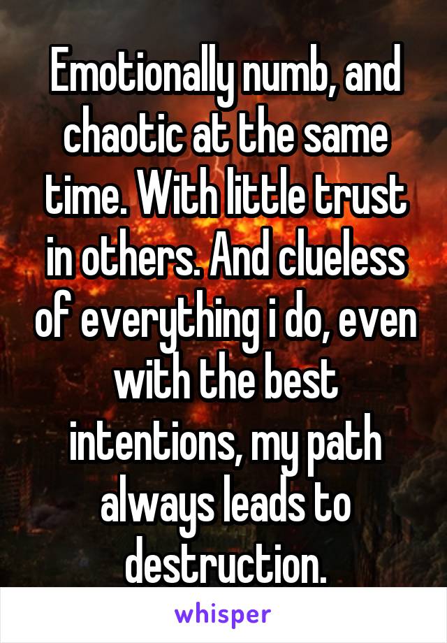 Emotionally numb, and chaotic at the same time. With little trust in others. And clueless of everything i do, even with the best intentions, my path always leads to destruction.