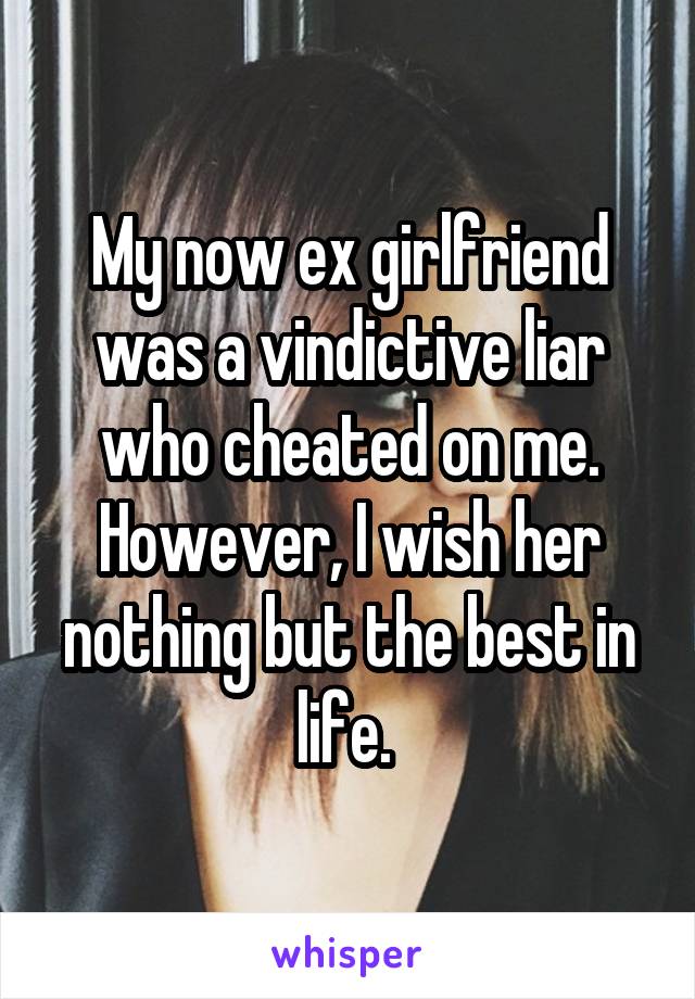 My now ex girlfriend was a vindictive liar who cheated on me. However, I wish her nothing but the best in life. 
