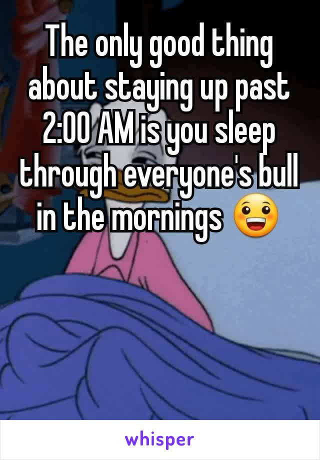 The only good thing about staying up past 2:00 AM is you sleep through everyone's bull in the mornings ðŸ˜€