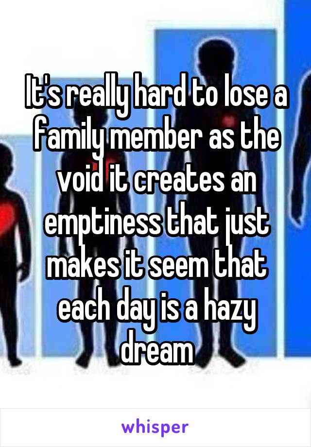 It's really hard to lose a family member as the void it creates an emptiness that just makes it seem that each day is a hazy dream