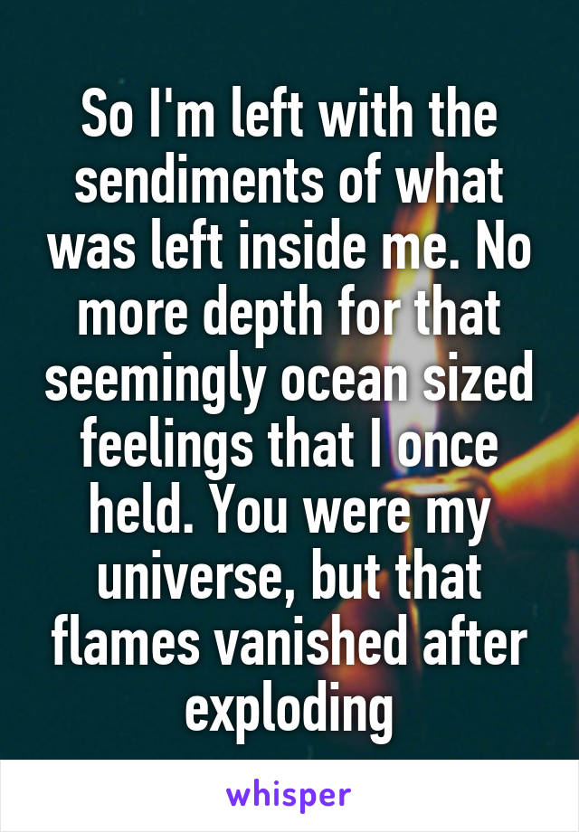 So I'm left with the sendiments of what was left inside me. No more depth for that seemingly ocean sized feelings that I once held. You were my universe, but that flames vanished after exploding