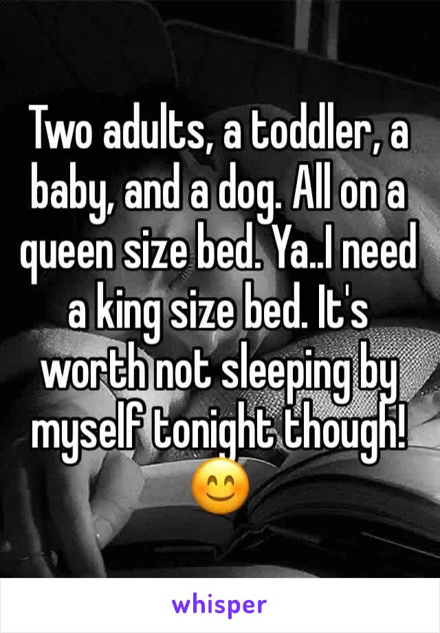 Two adults, a toddler, a baby, and a dog. All on a queen size bed. Ya..I need a king size bed. It's worth not sleeping by myself tonight though! 😊