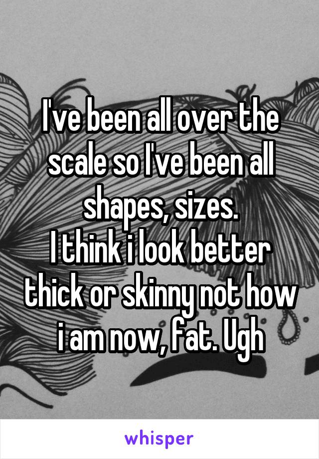 I've been all over the scale so I've been all shapes, sizes.
I think i look better thick or skinny not how i am now, fat. Ugh