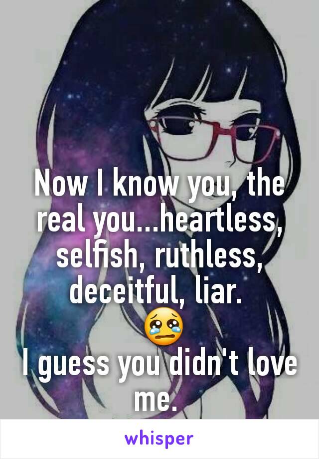 Now I know you, the real you...heartless, selfish, ruthless, deceitful, liar. 
 😢
I guess you didn't love me. 