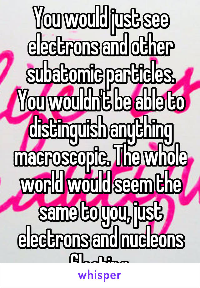 You would just see electrons and other subatomic particles. You wouldn't be able to distinguish anything macroscopic. The whole world would seem the same to you, just electrons and nucleons floating 