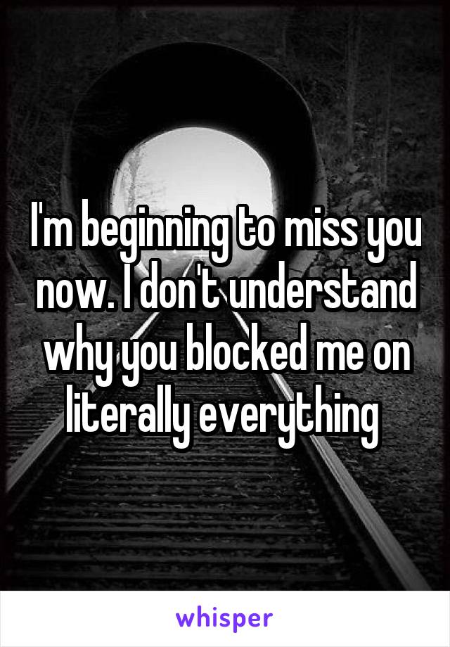 I'm beginning to miss you now. I don't understand why you blocked me on literally everything 