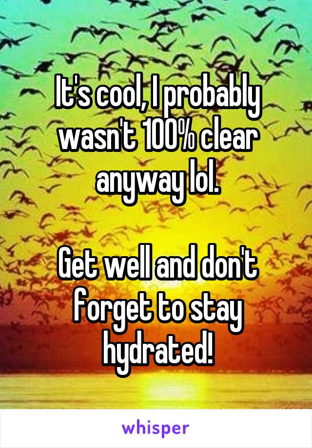 It's cool, I probably wasn't 100% clear anyway lol.

Get well and don't forget to stay hydrated!