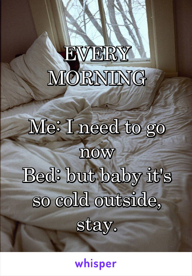 EVERY MORNING

Me: I need to go now
Bed: but baby it's so cold outside, stay.