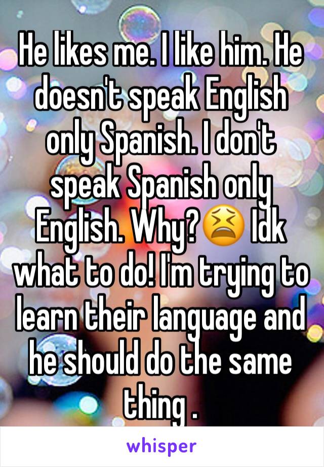 He likes me. I like him. He doesn't speak English only Spanish. I don't speak Spanish only English. Why?😫 Idk what to do! I'm trying to learn their language and he should do the same thing .